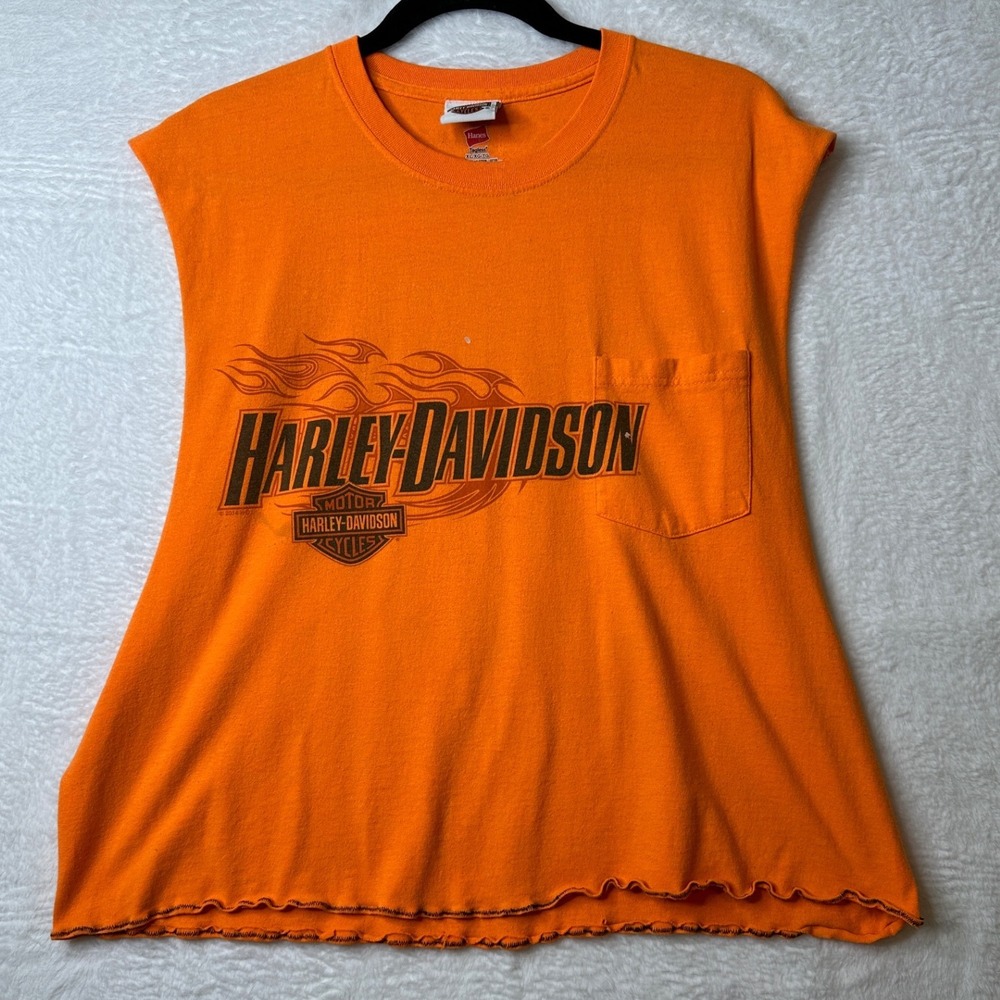 Harley-Davidson Mens XL Orange Sleeveless Pocket T-Shirt Tri-County Ohio Eagle